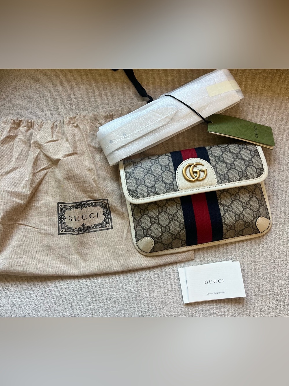 New GG Supreme Monogram Web Small Ophidia Belt Bag 95 38 Beige Ebony White - Picture 3 of 12